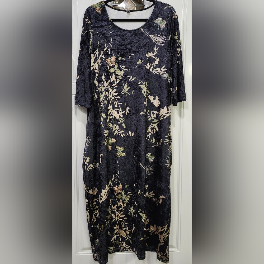 Fanny Wiz Blueish Black Butterfly Floral Print Velvet Dress Women's Size Large